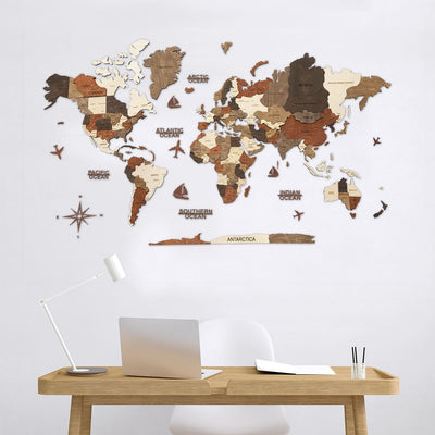 3D Weltkarte aus Holz bunt