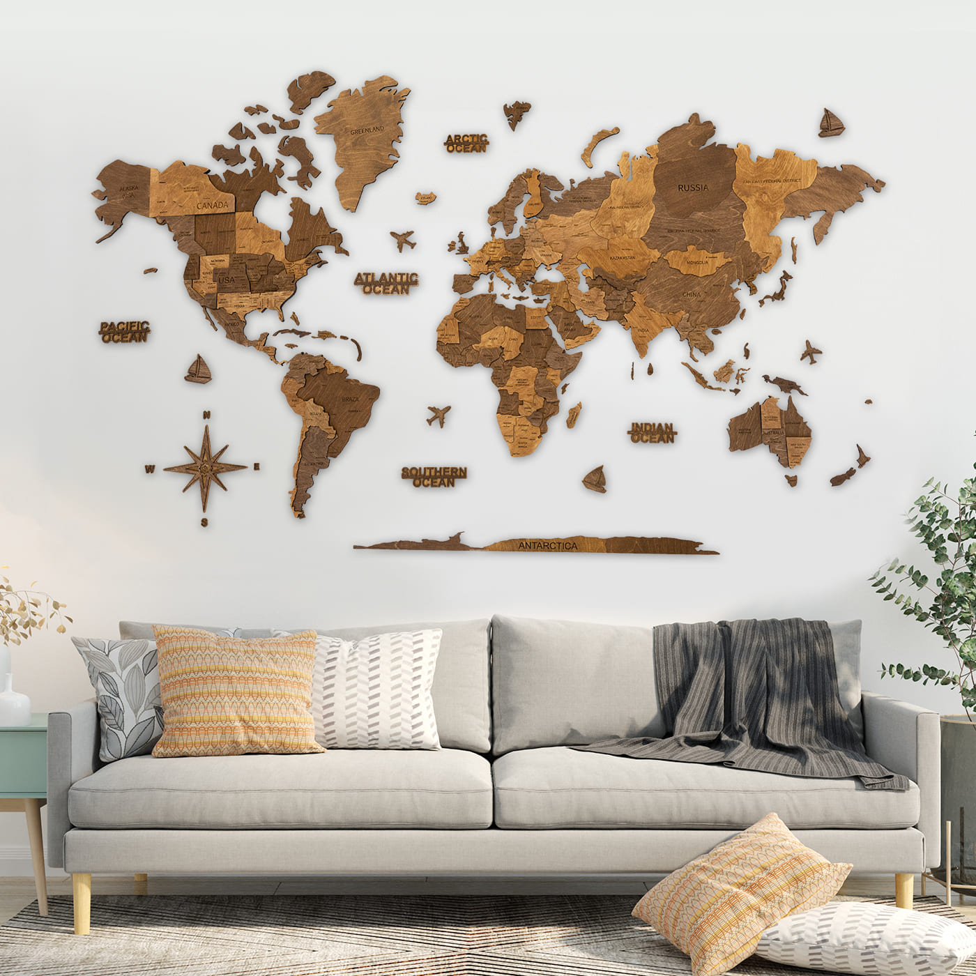 3D خريطة العالم خشبية ملونة